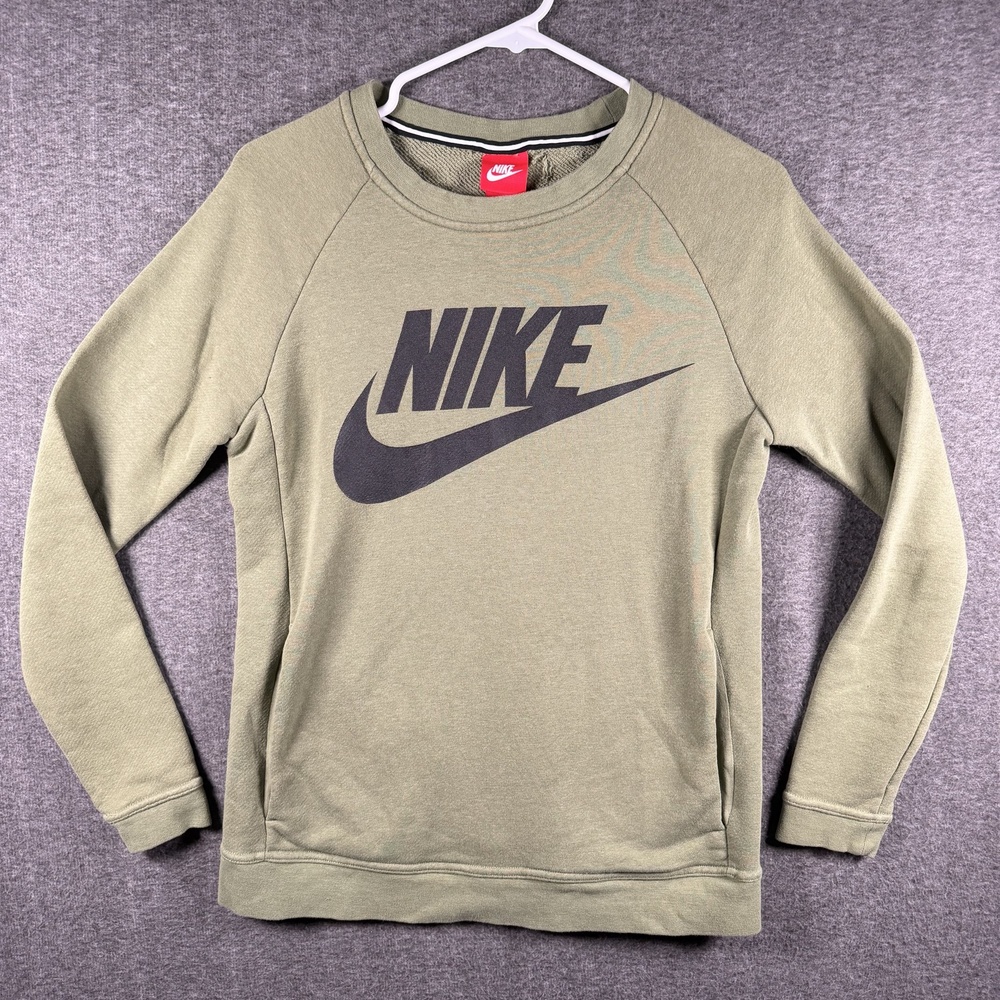 Nike Sweatshirt Womens XS Green Big Swoosh Logo Raglan Crewneck Pullover Fleece